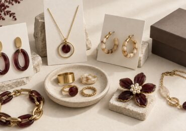 Custom earrings, necklaces, bracelets, rings and brooches shown with unbranded retail packaging