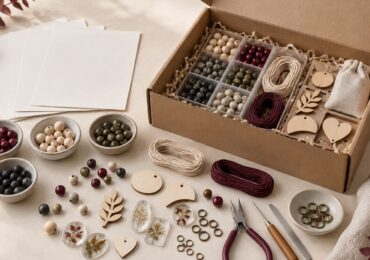 Retail-ready DIY craft kit with beads, cord, wood shapes, tools, instructions and unbranded packaging