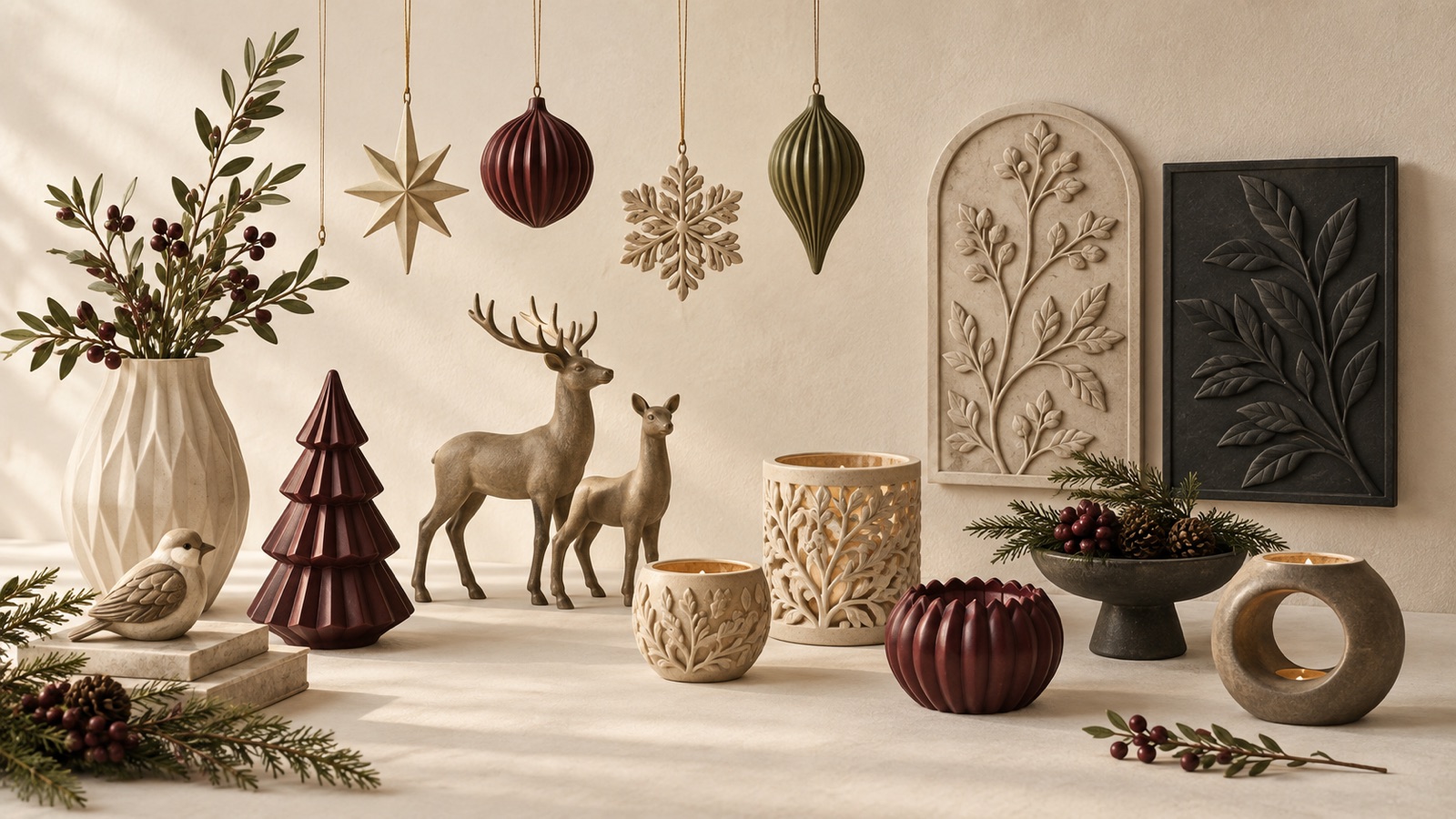 Illustration of resin home décor, hanging ornaments, wall plaques and candle holders in one seasonal set