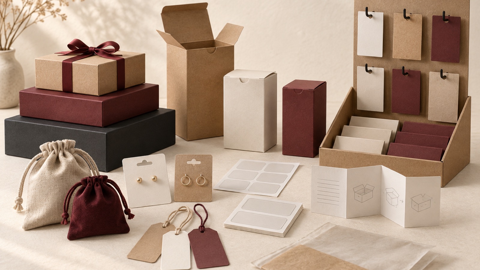 Illustration of jewelry boxes, display cards, hang tags, pouches, labels, inserts and display trays