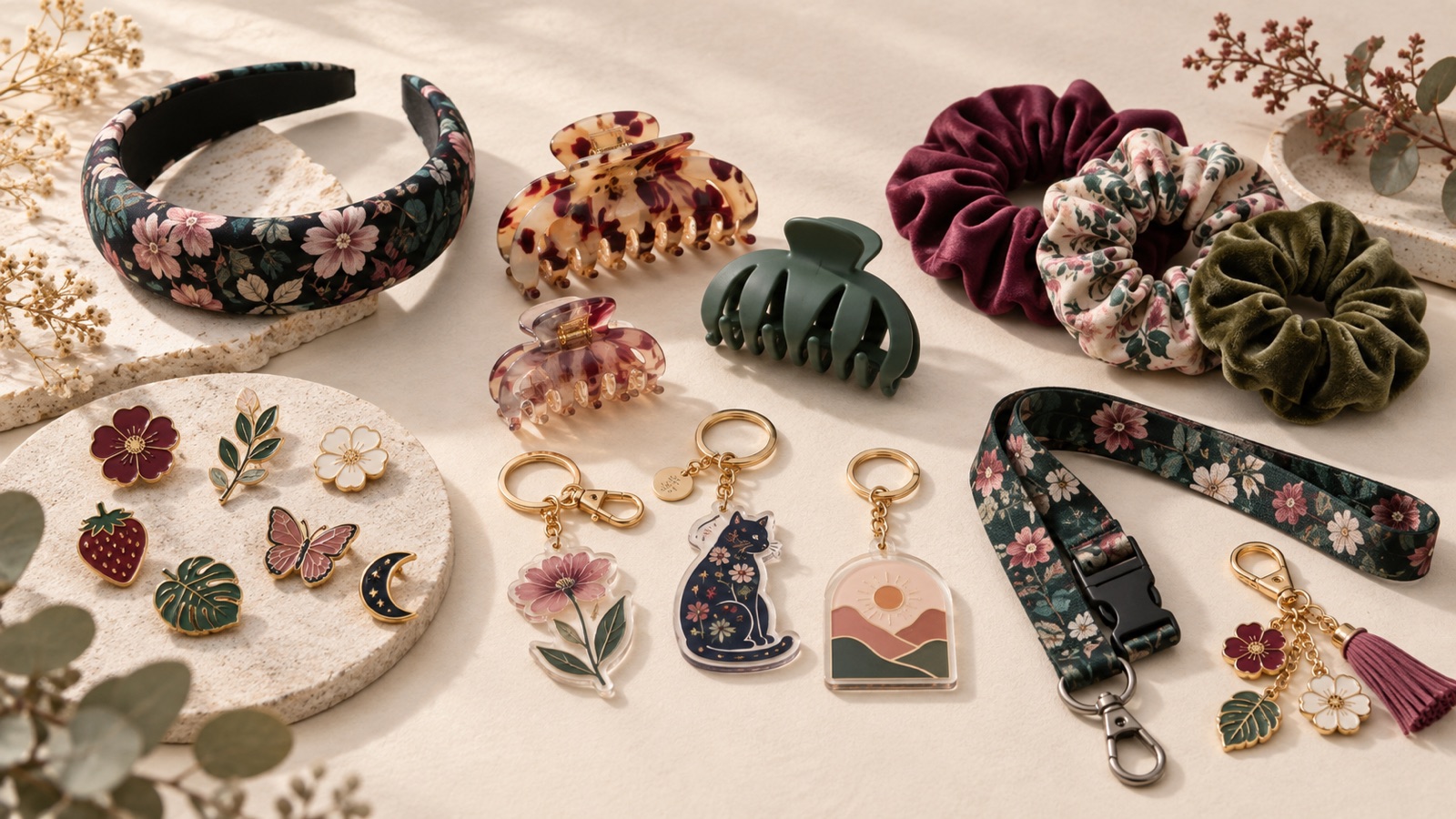 Illustration of hair clips, scrunchies, a headband, enamel pins, keychains, a lanyard and bag charms